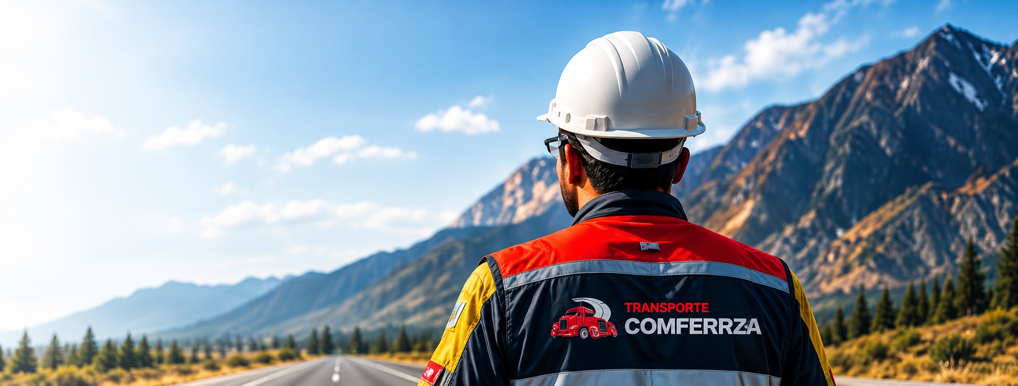 Conductor de transporte COMFERRZA con casco y uniforme de seguridad frente a una carretera y montañas andinas